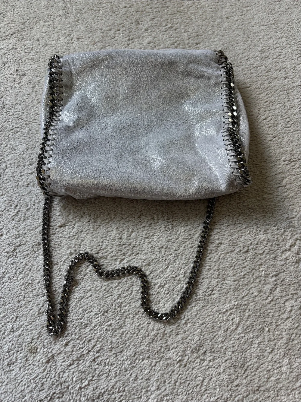 Stella McCartney Metallic Silver Fold-Over Crossbody Bag with Gunmetal Chain